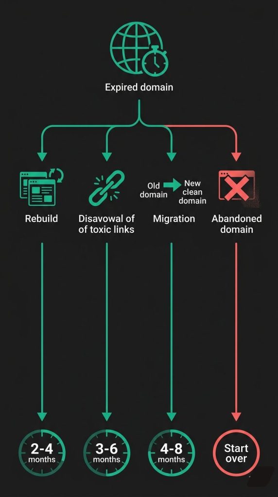 Decision flowchart showing four expired domain penalty recovery paths with timelines ranging from content rebuild to full domain migration based on penalty severity