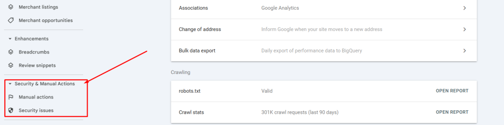 google security and manual action check by gsc