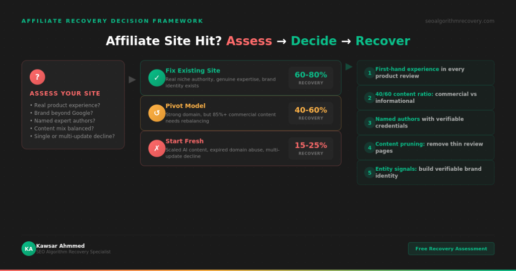 Affiliate recovery decision framework showing three paths fix existing site at 60-80% recovery odds pivot business model at 40-60% or start fresh at 15-25% with five recovery levers including first-hand experience and content pruning