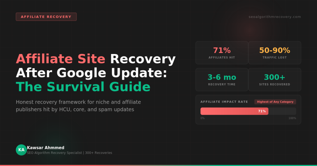 Affiliate site recovery after Google update survival guide showing 71% affiliate sites hit with 50-90% traffic loss and 3-6 month recovery timeline by Kawsar Ahmmed SEO Algorithm Recovery Specialist