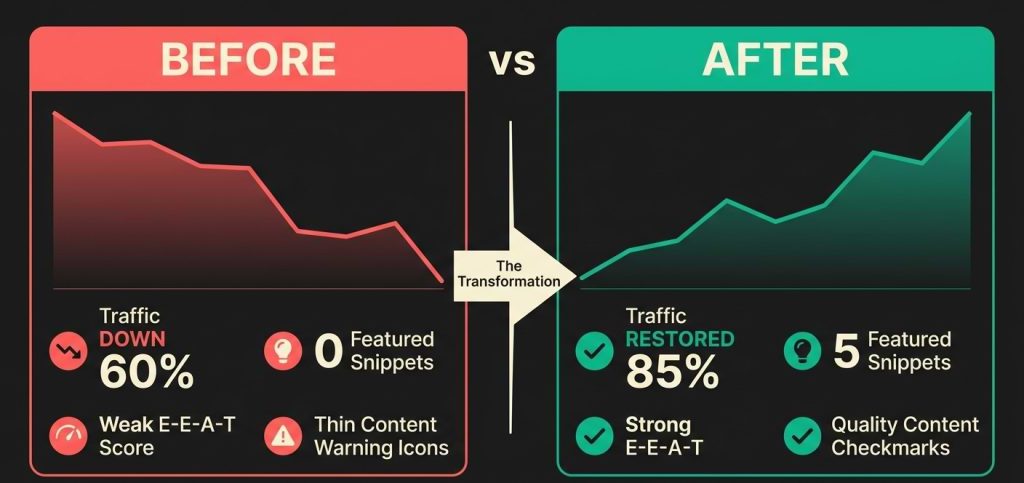 Business website recovery before and after Google algorithm update showing traffic down 60 percent with weak E-E-A-T before recovery versus 85 percent traffic restored with strong authority signals after implementing recovery framework