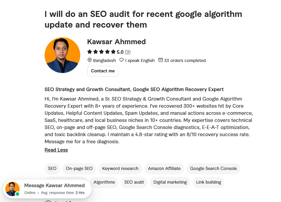 kawsar ahmmed google seo algorithm recovery expert fiverr profile