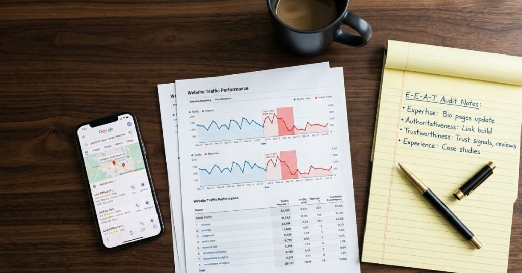 SEO audit for a law firm after Google algorithm update showing analytics report with traffic decline and E-E-A-T checklist notes on a lawyer desk