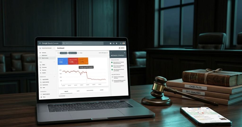 Law firm SEO expert workspace showing Google Search Console traffic drop on laptop next to a gavel and legal folders representing algorithm recovery for attorneys