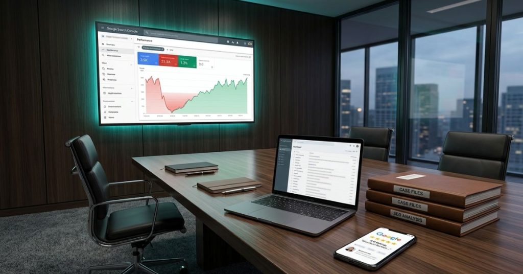 Law firm SEO recovery results showing Google Search Console traffic growth after algorithm update fix with 5-star review on mobile device in conference room