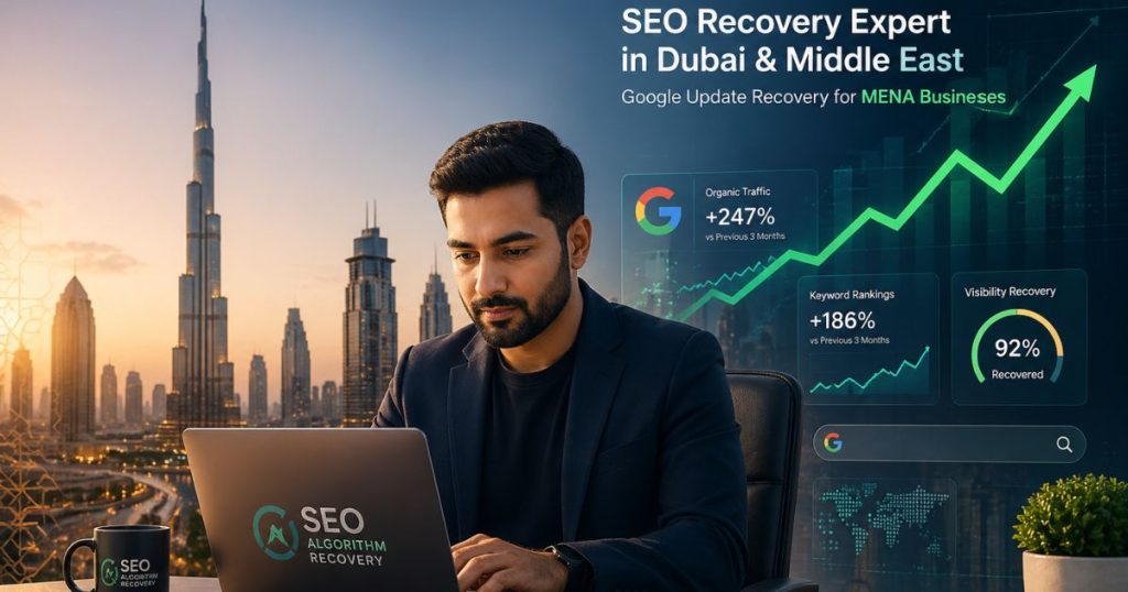 SEO recovery expert in Dubai helping MENA businesses recover from Google algorithm updates with traffic growth analytics