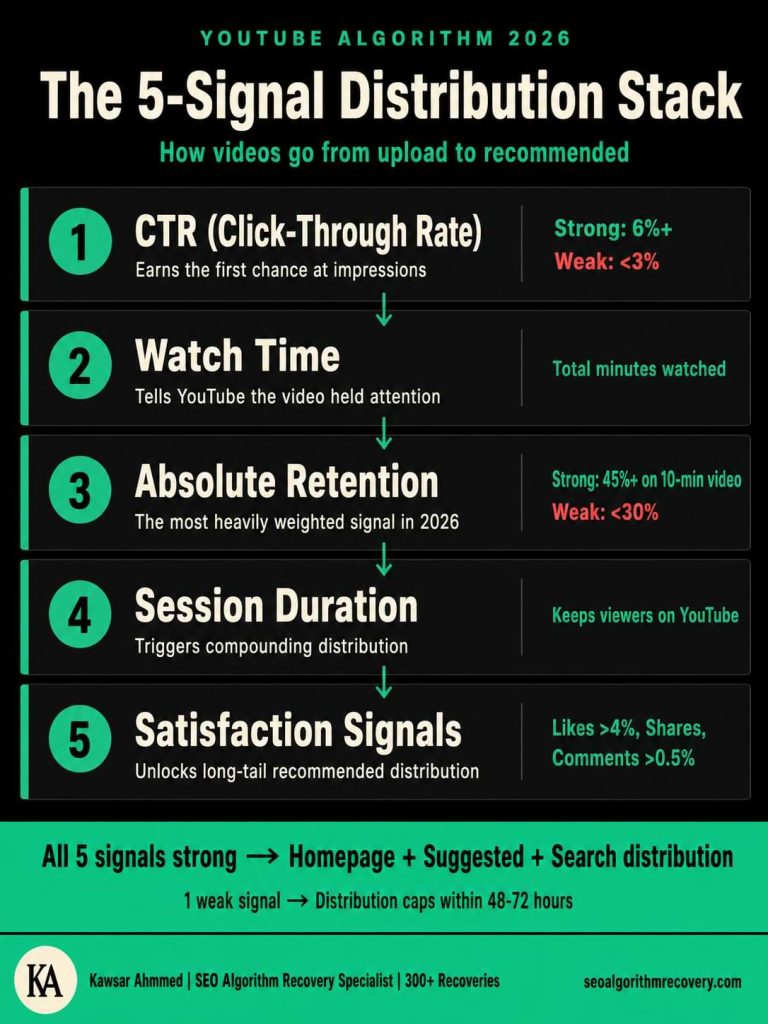 Infographic showing the 5-signal YouTube algorithm distribution stack for 2026 including CTR, watch time, retention, session duration, and satisfaction signals.