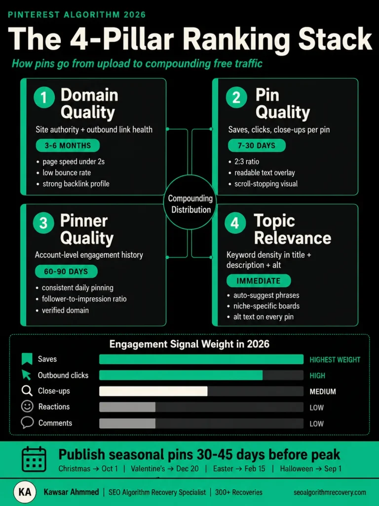 Vertical Pinterest SEO infographic showing the four-pillar ranking stack with domain quality, pin quality, pinner quality, topic relevance, and engagement signal weights.