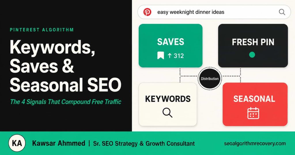 Pinterest algorithm infographic showing keywords, saves, fresh pins, and seasonal SEO signals connected to distribution in a visual search dashboard.