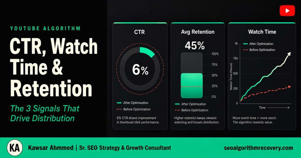 Dark YouTube analytics dashboard infographic showing CTR, watch time, and audience retention metrics with teal data visualizations and SEO consultant branding.